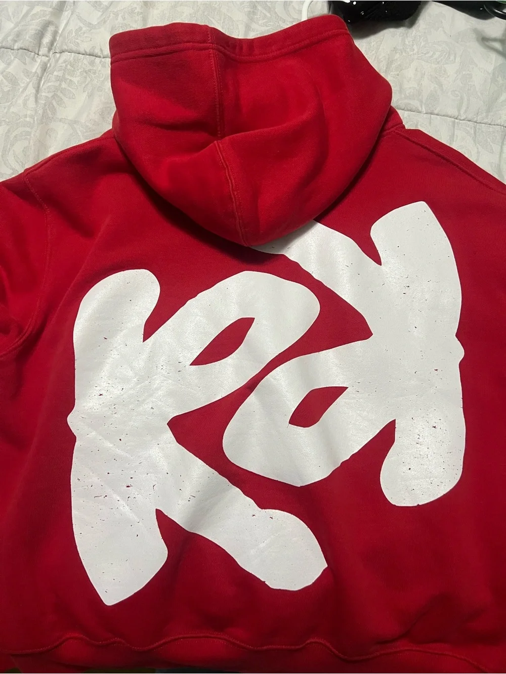 Red Hoodie with White Beaded Graphic